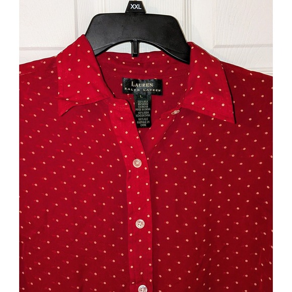 Lauren Ralph Lauren Silk Button Down Shirt Top Polka Dot Red Size L - Picture 4 of 6